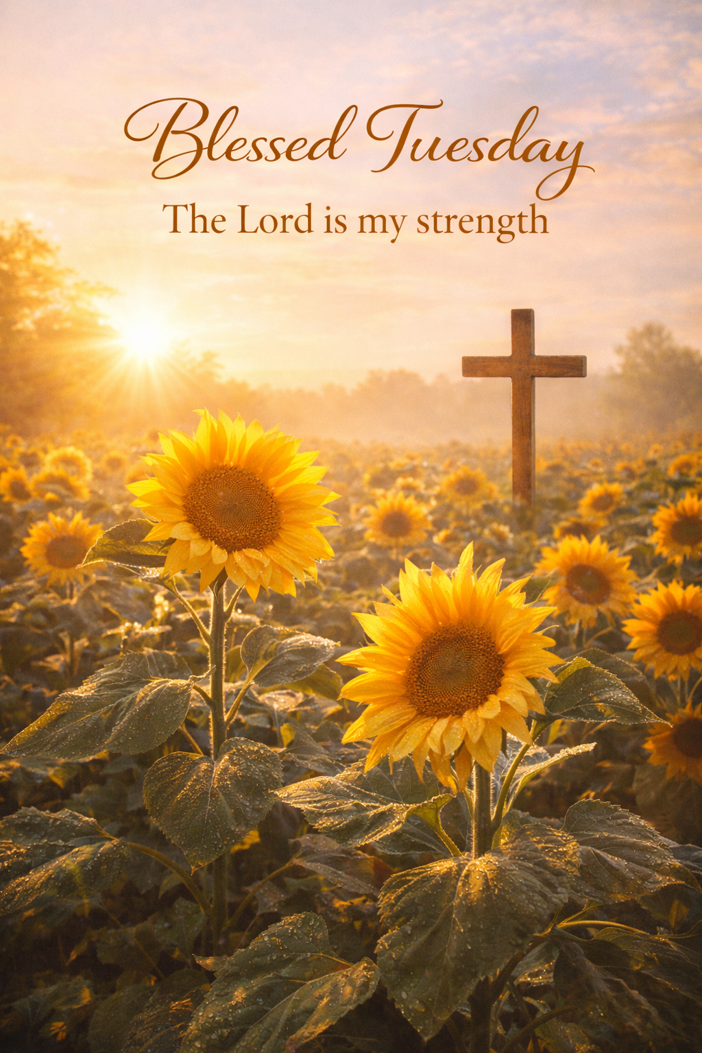 Field of sunflowers at golden sunrise with wooden cross in the distance, warm glowing light, text "Blessed Tuesday -- The Lord is my strength" -- vertical Tuesday blessing wallpaper